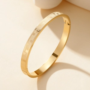 Stainless Steel Bangle Bracelet With Greek Key Pattern Hinged Clasp Geometric Etched Minimalist Fashion Jewelry Unisex