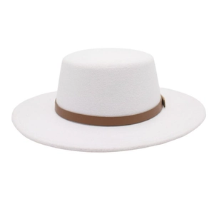 Detailed texture of white wool felt boater hat with decorative brown leather band
