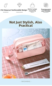 Detail of pink waterproof PVC wash bag featuring a transparent window and portable handle