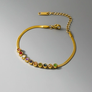 Gold snake chain necklace with colorful zircon gemstones and lobster clasp closure