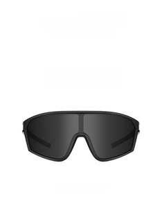 Detail view of sports sunglasses featuring a black frame and polarized black wrap lens