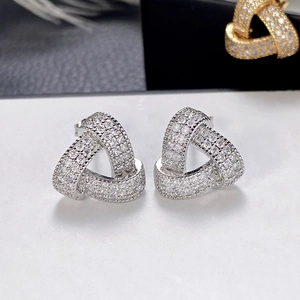 Vintage geometric triangle knot stud earrings with pavé set crystals in silver finish