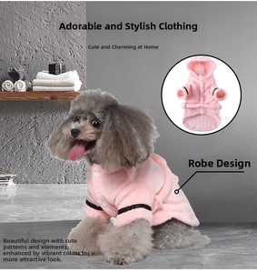 Detail showing the light pink coral fleece pet bathrobe with hood and button closure
