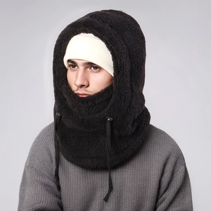 Detail of plush black Balaclava with adjustable drawstring for winter thermal protection