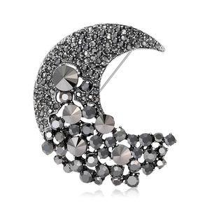 Fashion crescent moon brooch with dark rhinestones on silver metal base for coats