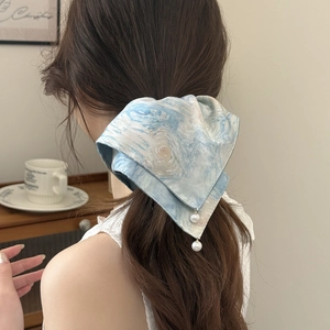 French style starry sky tie-dye bow scrunchie with pearls for ponytail styling