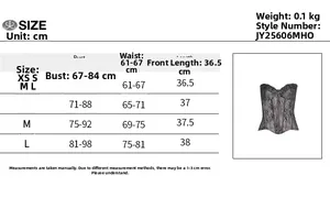 Size chart for lace corset top showing bust and waist measurements from XS to L