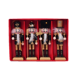 Set of four 13cm glitter wooden nutcracker soldier king ornaments in a gift box
