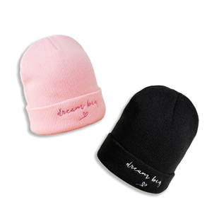 Winter Dream Big heart embroidery beanies in pink and black soft ribbed knit style