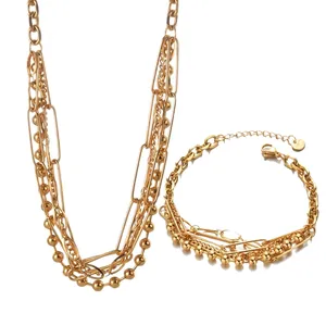 Stainless Steel 18K Gold Plated Layered Necklace And Bracelet Geometric Paperclip Ball Chain Minimalist Punk Style Jewelry Women