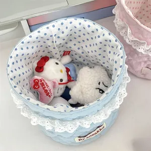 Close-up of blue quilted fabric storage basket with lace trim and dotted lining detail