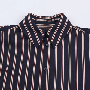 Women's casual lapel shirt featuring navy blue vertical stripes and red pattern details