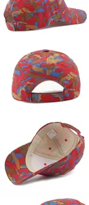 Macro detail of red and blue camo cotton baseball cap interior label and breathable fabric