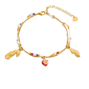 18k gold plated stainless steel bracelet with seahorse shell heart charms and beads