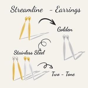 Detailed view of long streamline teardrop earrings in gold, silver and two-tone finishes