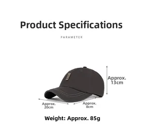 Detailed size parameters of a dark grey washed cotton baseball cap with metal label