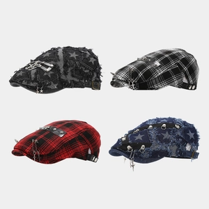 Béret Punk Denim À Carreaux Avec Pendentifs Croix En Métal Rivets Et Épingles Casquette Gavroche Homme Femme