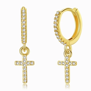 Classic gold hoop earrings with sparkling zircon cross pendants shown on white background