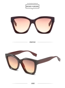 Detail shots of oversized brown square sunglasses showing positive and side view perspectives