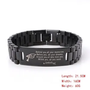 Matte black stainless steel watch chain bracelet with graduation motivational engraving
