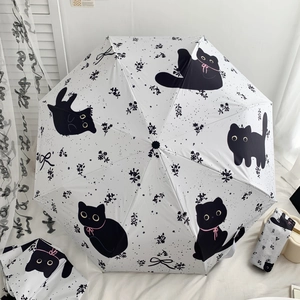 Automatic foldable UV umbrella with cute black cat pattern and matching storage sleeve