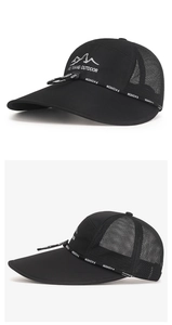 Detail of outdoor mesh hat featuring mountain embroidery and long visor for sun protection