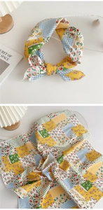 Detail of floral patchwork cotton linen scarf and hairband with rustic knot design