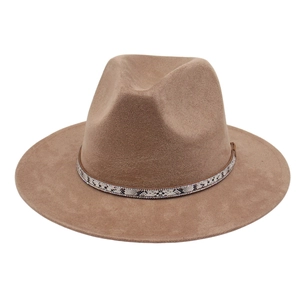 Detailed close-up of khaki fedora with snake print band and sparkling rhinestones