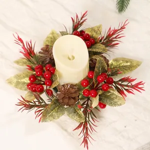 Christmas Candle Ring Wreath Artificial Red Berries Gold Leaves Pine Cone For Table Centerpiece Festive Party Home Decor Rustic Style