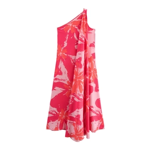 Floral one-shoulder asymmetrical dress with bright pink flower print for summer