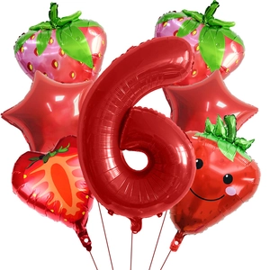 Strawberry balloon set with red number 6 and star balloons for birthday party decor
