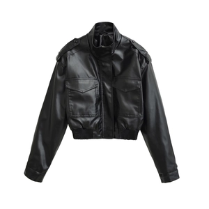 Women's black faux leather jacket with stand collar and flap chest pockets in biker style