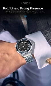 Macro detail of silver stainless steel business watch worn with a formal suit sleeve