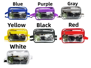 Grid view of multi-color transparent PVC waist bags in seven vibrant color variations
