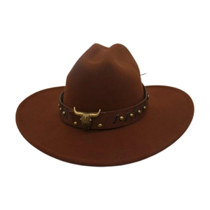 Detail of brown wool felt cowboy hat with leather band and golden bull head ornament