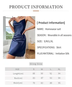 Size chart showing measurements for the blue satin nightgown with cowl neck and sling design