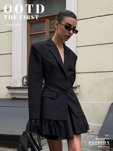 Close-up of a black slim-fit blazer dress featuring elegant lace hem and double-button design