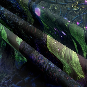 Close-up of tree of life tapestry showing fabric texture and abstract forest patterns