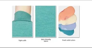 Close-up of skin-friendly knitted exfoliating gloves in multiple soft pastel colors