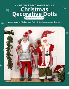 Close-up of two decorative standing Santa Claus figurines with festive cloaks and gift bags
