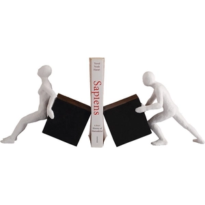Modern white resin figure bookends pushing a black cube for home and office bookshelf