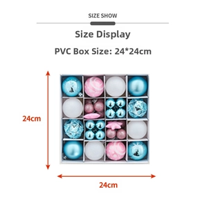 Size display of a Christmas ball set in a PVC gift box measuring 24x24cm for holiday decor