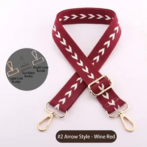 Detail of adjustable burgundy woven strap with white arrow pattern and triple hardware options