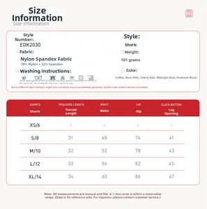 Größentabelle für High-Waist Yoga-Shorts mit cm-Angaben und hochwertiger Materialzusammensetzung