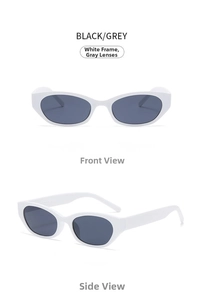 Front and side views of trendy white oval frame sunglasses with dark grey lenses