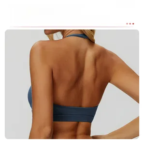 Close-up of hollowed square-back design on navy blue brushed yoga sports bra