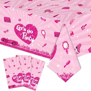 Pink Cartoon Party Tablecloth Paper Plates Cups Napkins Forks Spoons Straws For Girls Birthday Celebration Tableware Decor
