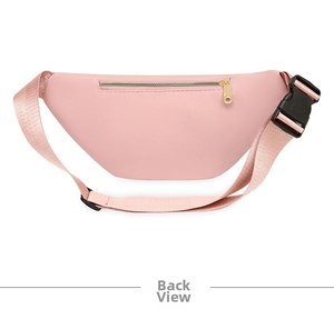 Detailed back view of pink athletic waist bag featuring zipper pocket and plastic buckle