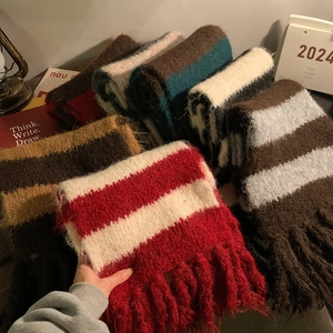 Striped knit scarf with fringe tassels in soft red and white faux cashmere material