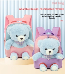 Detail of cute teddy bear plush backpack for kids with adjustable mesh shoulder straps